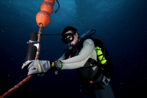 Researcher checks underwater listening station.
