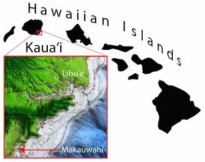 Location (red dot) of the Makauwahi sinkhole on southeastern coast of Kaua‘i. Credit: Butler, et al.