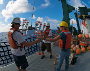 HOT scientists recovering sampling equipment on the deck of the Kilo Moana. Credit: UH SOEST/ HOT.
