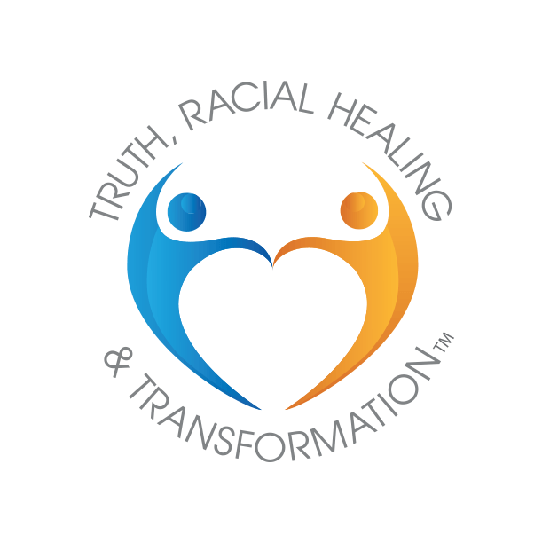 Truth, Racial Healing, and Transformation Campus Center logo with a blue and yellow figure representing people touching hands and creating a heart