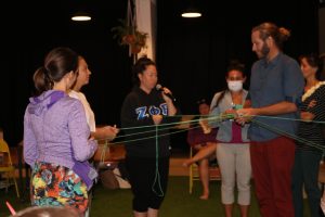 A group of people finding their connections through a string activity
