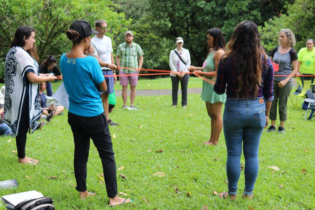 People standing in a circle connected by string to visually see connections