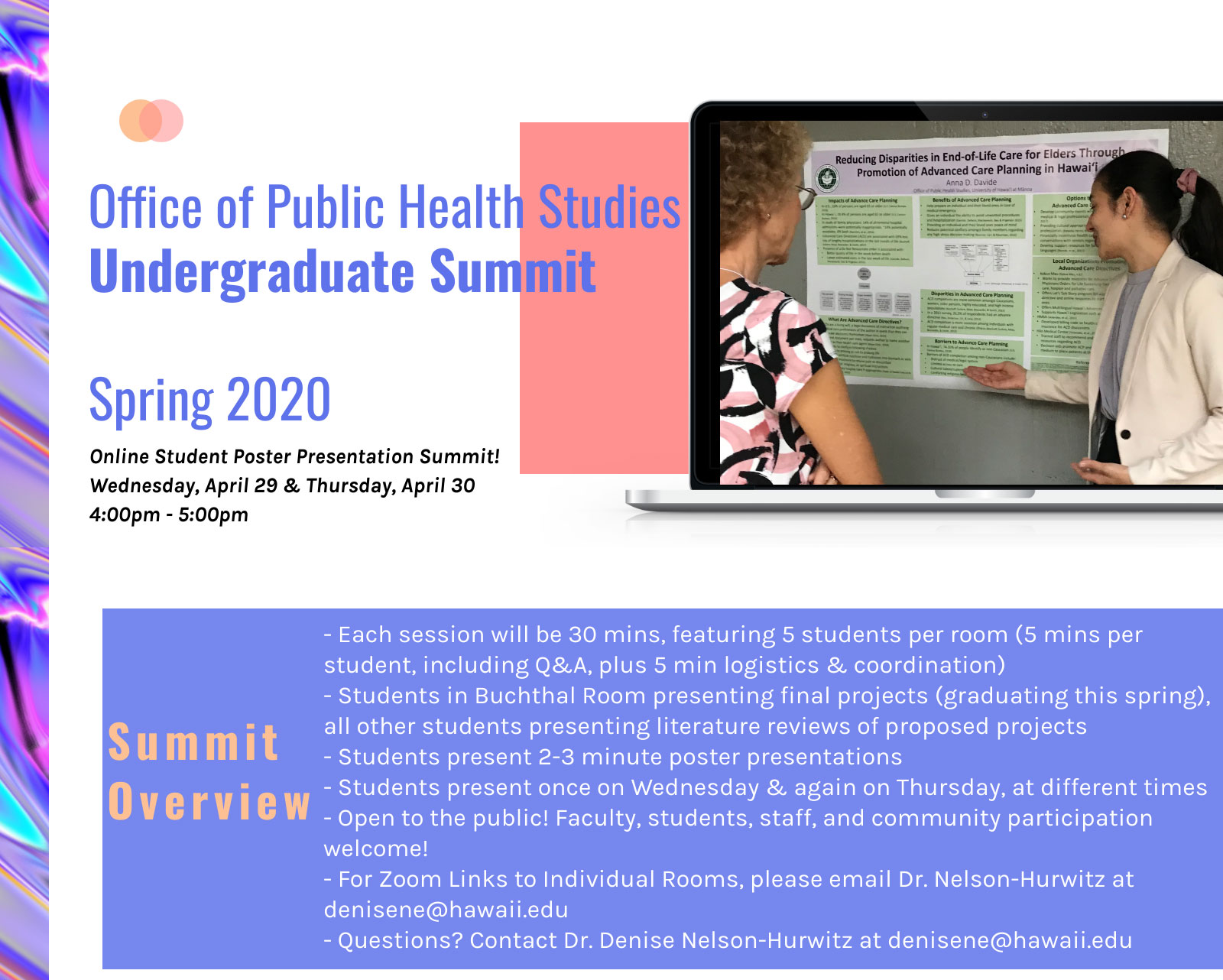 Spring 2020 Undergraduate Summit Flyer (4/29 & 4/30 from 4:00 - 5:00pm)