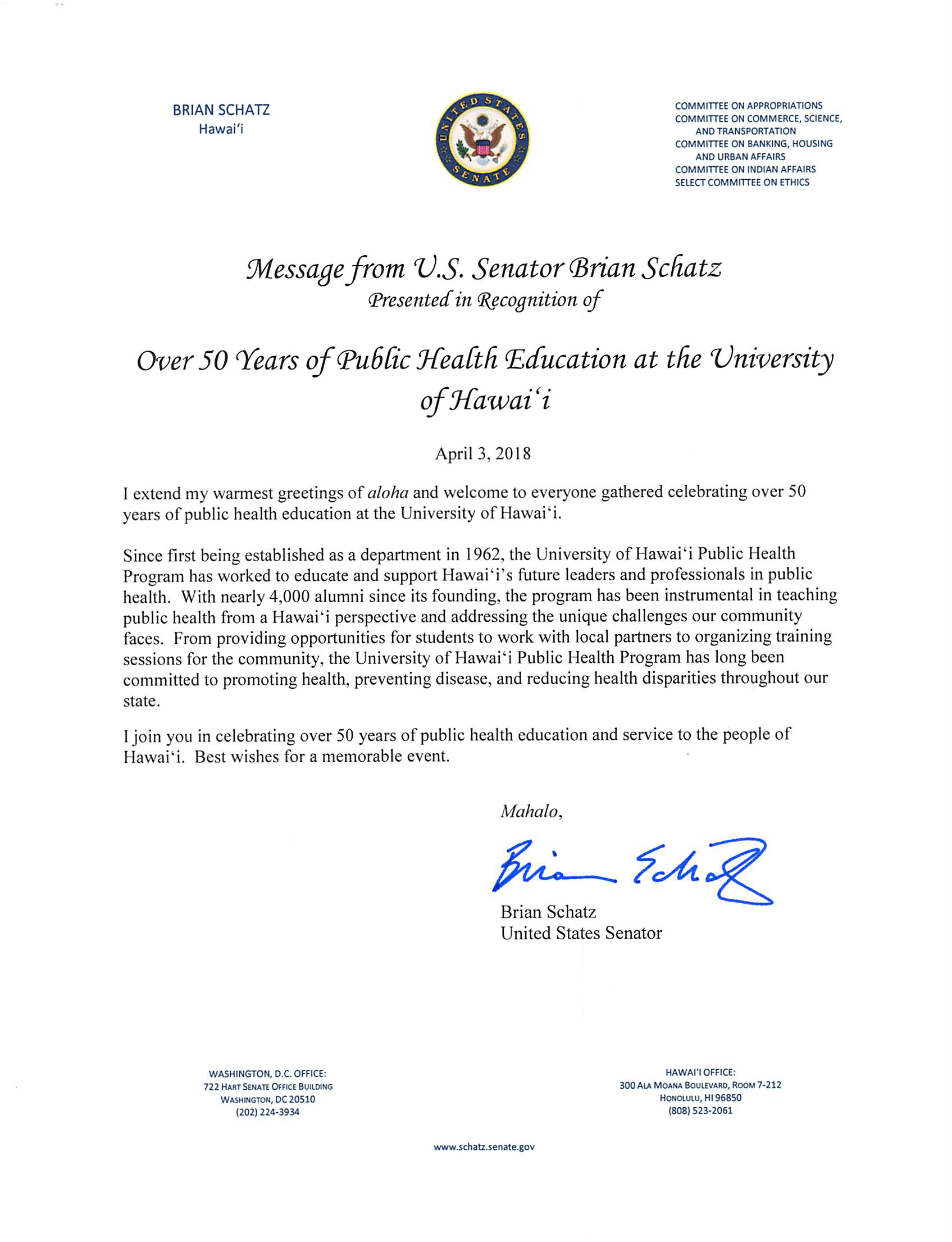 Senator Brian Schatz Letter Public Health