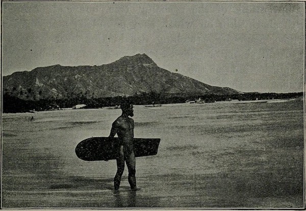 <p>Fig 3. An image of a surfer taken from the book 'Hawai'i and it's people; the land of rainbow and palm" written in the 1890's.</p>