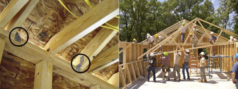 <p>Fig. 5. <em>Left to right</em>: Hurricane clips (circled) helped keep the roof on this home during Hurricane Katrina.&nbsp;Hurricane ties are already in place at the top of the wall, even as the roof is being built.</p>
<p>&nbsp;</p>
