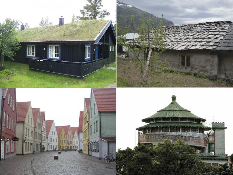 <p>Fig. 4. <em>Clockwise from top left</em>:&nbsp;A living grass roof in Norway.&nbsp;A stone roof in India.&nbsp;A round roof in Taiwan. Steep, tile roofs in Northern Europe.</p>
