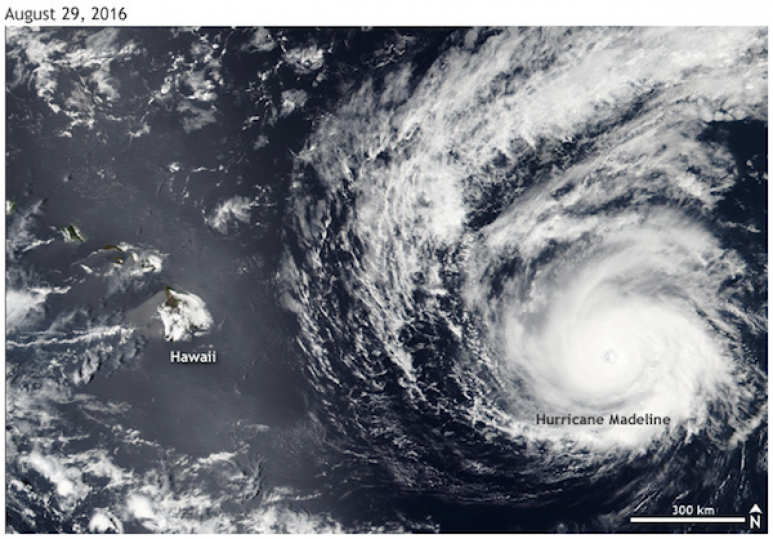 <p>Fig. 2. Hurricane Madeline tracked towards Hawai'i in August 2016, but weakened before making landfall, causing very little damage.&nbsp;</p>
