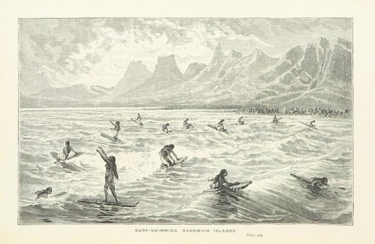 <p>Fig. 2. An image taken from 'Captain Cook's Voyages around the World' showing what surfing might have looked like at that time.</p>