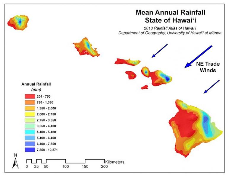 <p>FIg. 1. Rainfall varies between the windward and leeward sides of the Hawaiian Islands.&nbsp;</p>