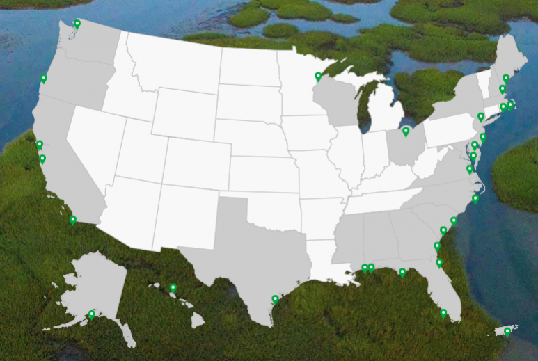<p>Fig. 1. Map of the United States showing the designated 29 sites in the National Estuary Research Reserve System. Follow the link below to learn more about each site.&nbsp;</p>
