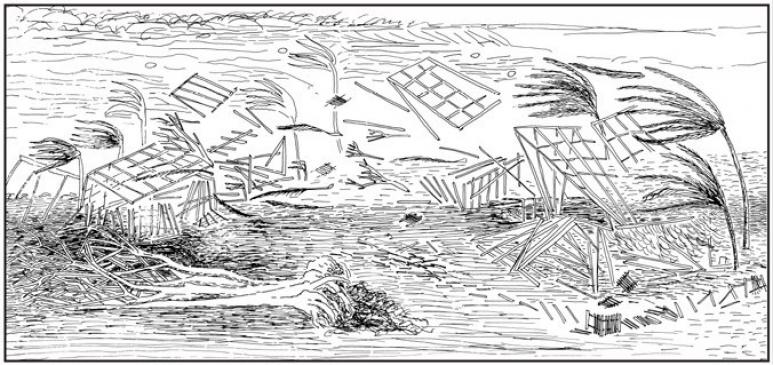 <p>Fig. 1.&nbsp;Artist’s rendering of the destruction during the Hawaiʻi hurricane of 1871.</p>