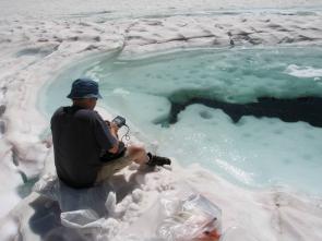 <p>Fig. 2. Dr. Craig Nelson samples under the ice to conduct research on microbial communities.</p>