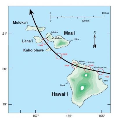 <p>Fig. 3.&nbsp;Reconstructed track of the 1871 hurricane across the islands of Hawaiʻi and Maui.</p>