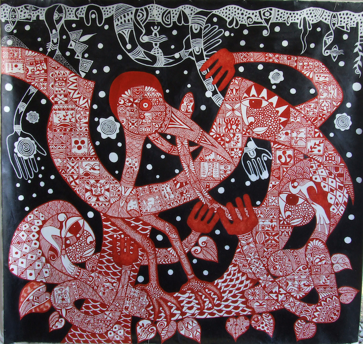 Image shows art in the style of oil on canvas, depicting three bird-like figures in red on a black background with Pacific motifs