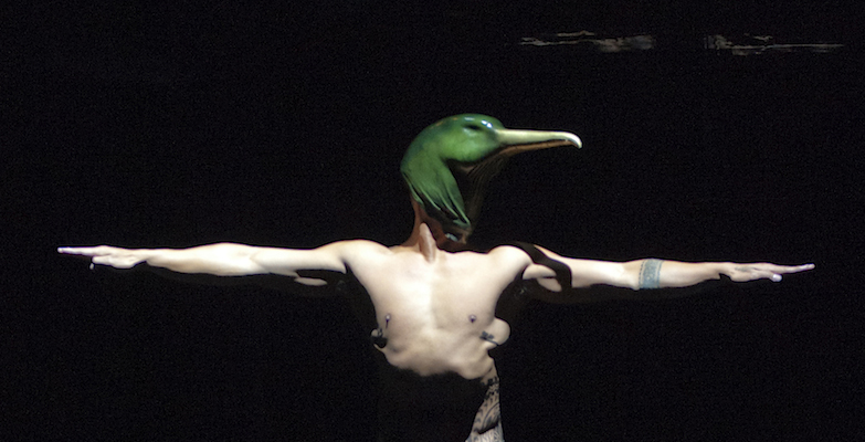 Image is a photographic still from a dance performance. It shows a shirtless male, his arms outstretched in a T shape, wearing the head of a green bird with a long yellow beak. The background is entirelty black, while a small amount of light illuminates the male figure, which is shown from the waist up