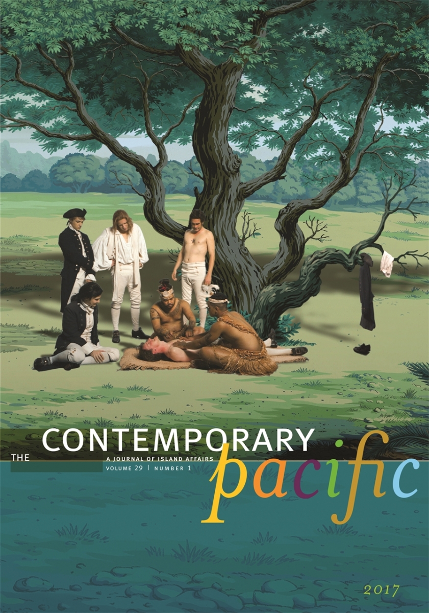 Image shows the cover of TCP 29-1. Although it looks akin to a painting, it is a multimedia piece that shows a European sailor laying on grass, flanked by four other sailors, receiving a tattoo from two Pacific Islanders