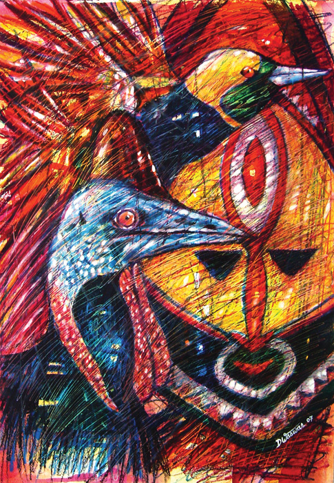 Image shows art in the style of pastels on paper, depicting two colorful, tropical birds alongside a wooden-style mask carved in a Pacific style 