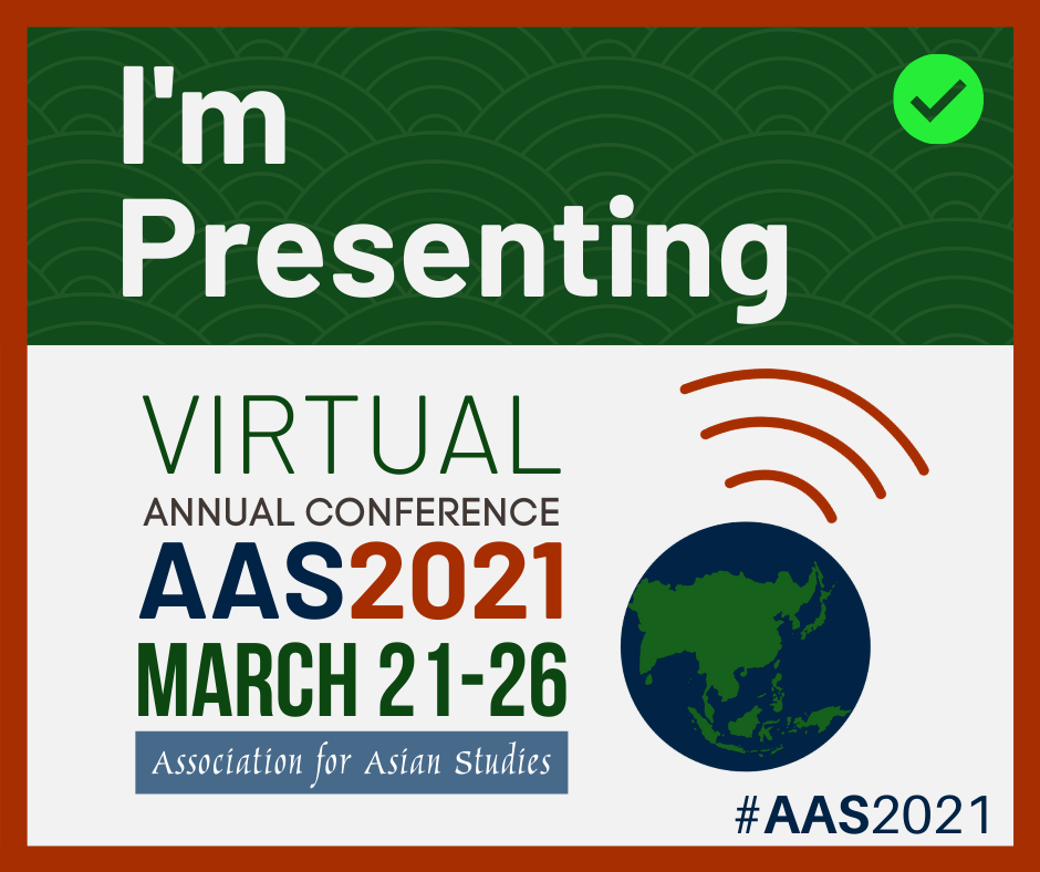 "AAS 2021" Presenter infographic. Red frame with white and green background. Upper right corner has green checkmark. Bottom right has globe illustration with red sound-waves coming out from it.
