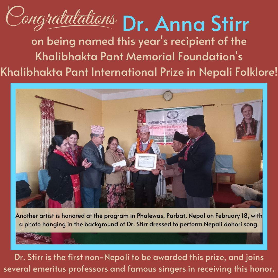 Dr. Anna Stirr receives the Khalibhakta Pant International Prize in Nepali Folklore