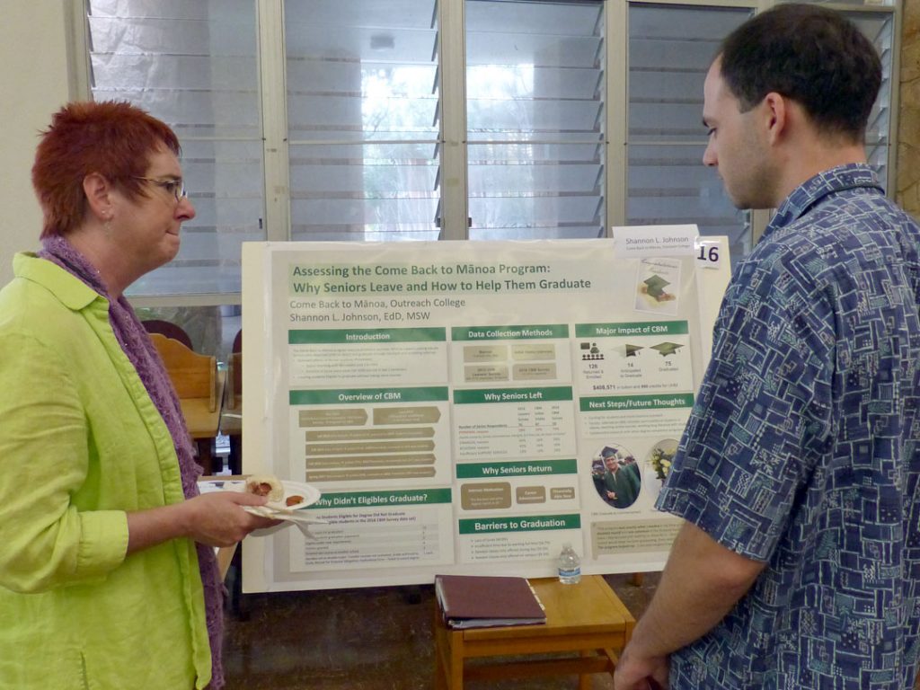 This poster shares results of a survey conducted in Summer 2016 to individuals eligible to participate in the Come Back to Mānoa program. In addition to an evaluation of the program itself, the results provide an overview of why seniors left UH Mānoa so close to finishing their degree and their reasons for returning. This poster adds to the extant research, which largely concentrates on first year and sophomore students, by bringing light to senior attrition and how to support those students to persist to degree (Hunt et al., 2012). Practical applications for utilizing the information obtained from the survey in order to help improve the Come Back to Mānoa program are discussed.