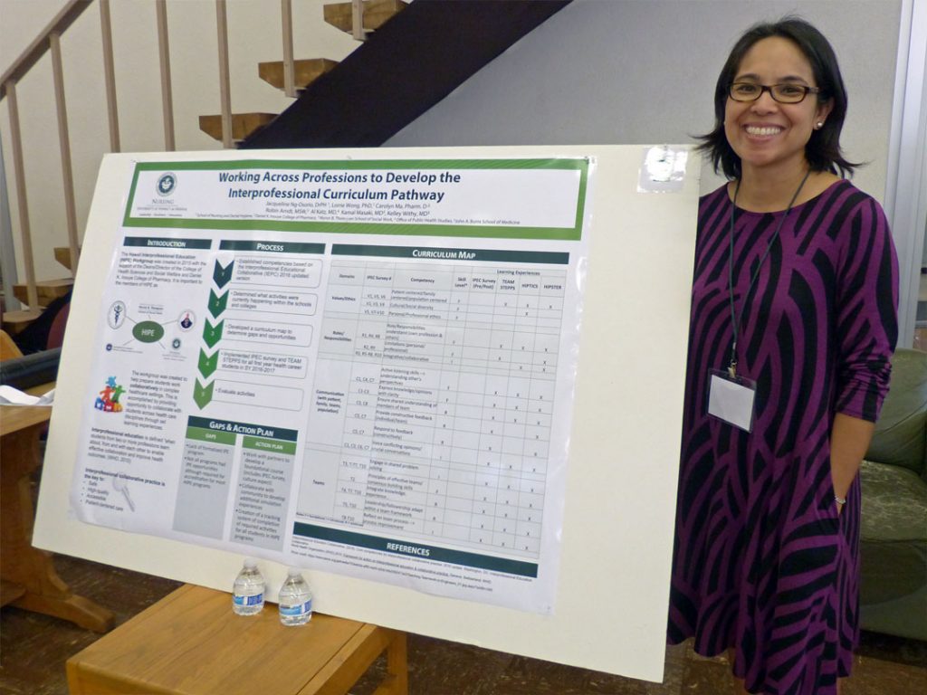 This poster presents the assessment of curriculum through the Interprofessional Education committee, which was created in 2015 with the support of the Deans of the John A. Burns School of Medicine, School of Nursing and Dental Hygiene, Myron B. Thompson School of Social Work, the Daniel K. Inouye School of Pharmacy and Director of the Office of Public Health Studies in order to help prepare students for working collaboratively in complex healthcare settings. The process through which the curriculum is assess against the Interprofessional Education Collaborative competencies is outlined. In addition to discussing the identified curriculum gaps and plan for action, a detailed curriculum map is provided.