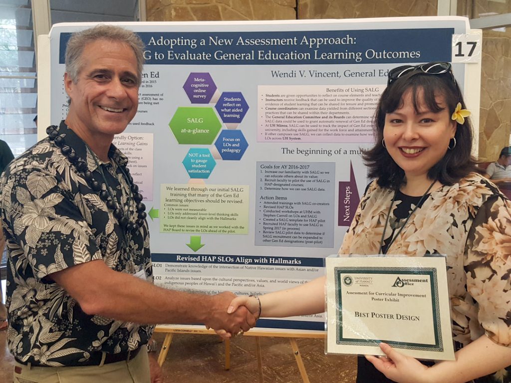 In Spring 2016, the General Education Office identified a need to improve its indirect assessment efforts. Working with the co-creators of the Student Assessment of their Learning Gains (SALG) instrument, the office developed and piloted an assessment plan beginning with the Hawaiian, Asian, and Pacific Focus requirement. Through the pilot, the General Education Office aimed to increase familiarity with SALG in order to educate others about its value in improving the quality of instruction; recruit faculty to pilot the use of SALG in HAP-designated courses; and identify how meaningful, usable assessment data could be extracted from SALG to address programmatic and learning needs within the General Education program. This poster provides information on the SALG instrument, outlines the process taken and challenges involved in implementing a new assessment plan, and identifies important next steps in the process.