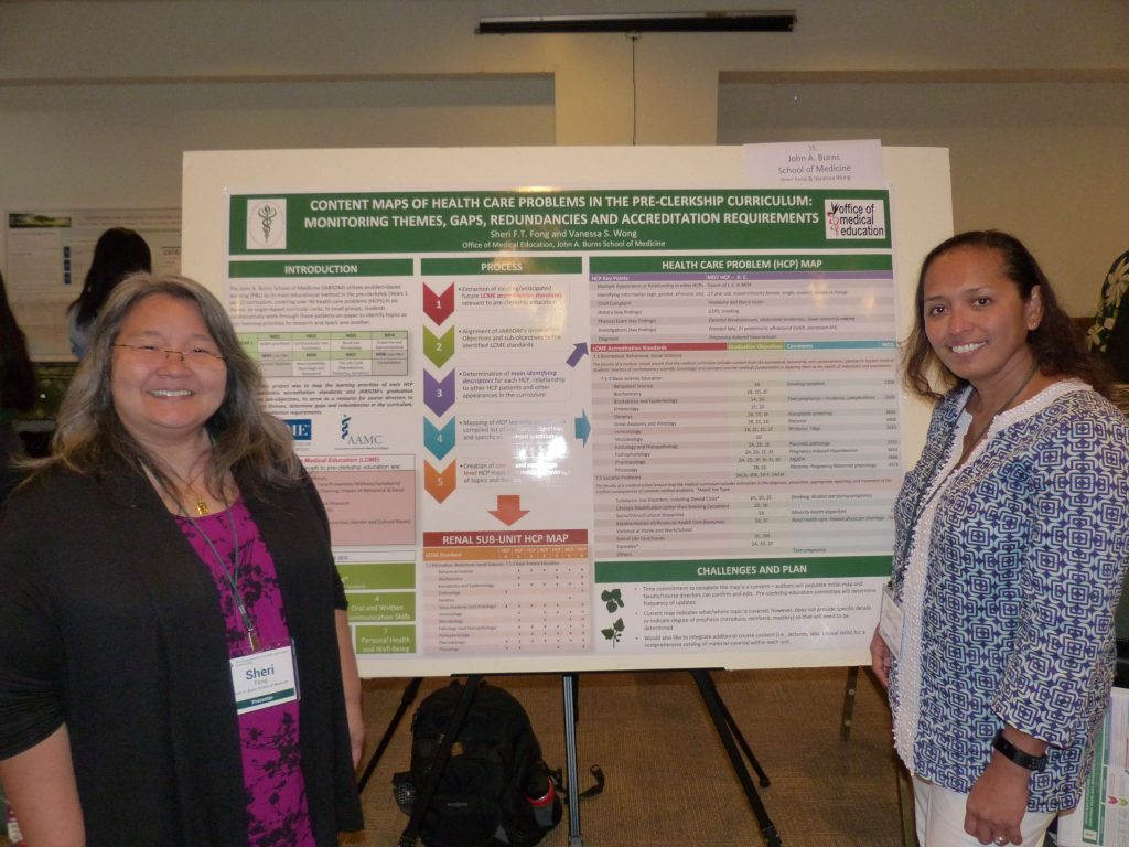 The poster describes the content mapping process that aligned the learning priorities in the problem-based-learning pre-clerkship medical curriculum to accreditation standards and JABSOM’s graduation objectives. The resulting map serves as a resource for course directors to monitor content themes, determine curriculum gaps and redundancies, and address accreditation requirements.