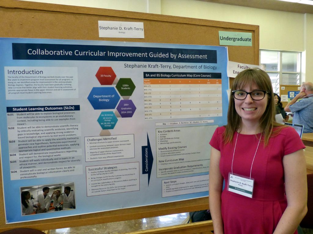 The Department of Biology at the University of Hawaiʻi at Mānoa began collaborative program assessment in the fall of 2012. Previously, the Department of Biology had student learning outcomes, but they were not defined and implemented by the entire faculty. Following the generation of collaborative student learning outcomes for the undergraduate BS in Marine Biology, the faculty created a curriculum map and began program level assessment in spring 2014. This poster presents the BS Marine Biology learning outcomes, a curriculum map, successful strategies, and next steps following the assessment.