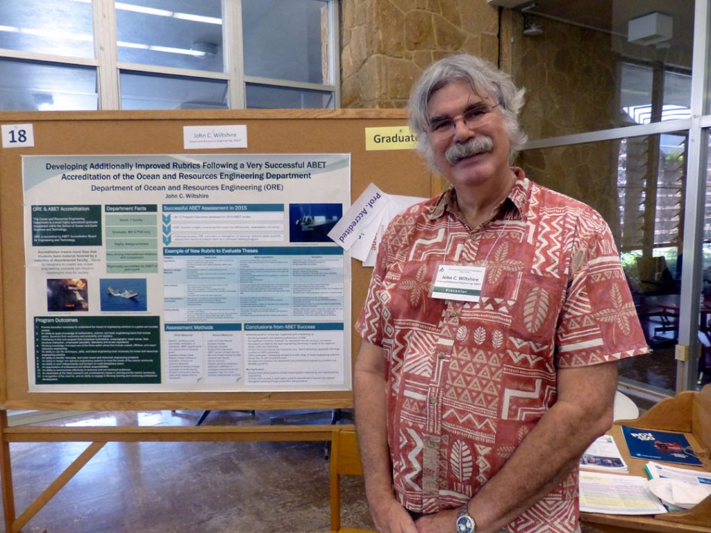 The Ocean and Resources Engineering (ORE) Department at the University of Hawaiʻi at Mānoa (UHM) is a small, highly specialized graduate department within the School of Ocean and Earth Sciences and Technology. Historically it has had 7-8 faculty and approximately 35 students, about one third pursuing a PhD degree and two thirds pursuing a Master’s degree. At the present time, numbers are down slightly because of a general downturn in the field. ORE is accredited by ABET (Accreditation Board for Engineering and Technology). This rigorous accreditation occurs once every 6 years, requiring a 250-page comprehensive self-study report, a series of fully documented supporting rubrics and a site visit. ORE went through this process in Fall 2015 and received an unprecedented perfect score (the only department at UH to get this). This stellar level of accomplishment is attributed to strong rubrics measuring well-developed assessment procedures and very good support from the Department’s dedicated hands-on external advisory committees. The department has a very high level of satisfaction among its graduates, with virtually 100% of graduates having found good paying positions in the field upon graduation. Our poster highlights some of the department’s efforts to further enhance our procedures. Included is a sample rubric and assessment methods utilized by ORE, along with program outcomes and conclusions drawn from ABET success.