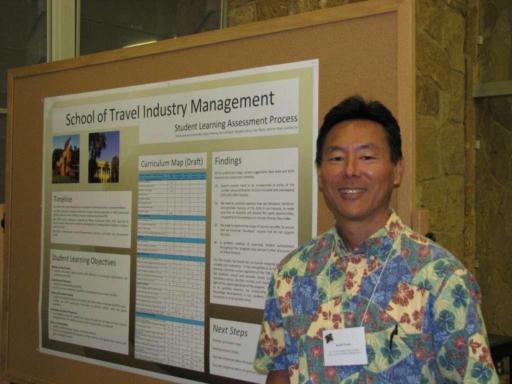 In February 2009, the TIM School, through its Faculty Senate, began a process of program assessment with the guidance and assistance of the Manoa Assessment Office. A team of TIM faculty attended the WASC-sponsored retreat on program assessment, and developed a set of student learning objectives for the TIM program. These objectives were further developed and finalized by the TIM Faculty Senate in March 2009. They then served as the basis for the development of a curriculum map for the Hospitality emphasis courses in April 2009, and for the Tourism/Transportation emphasis courses in October 2009. The TIM School poster will include an overview of this process, as well as its planned next steps and intended uses of the assessment process outcomes.