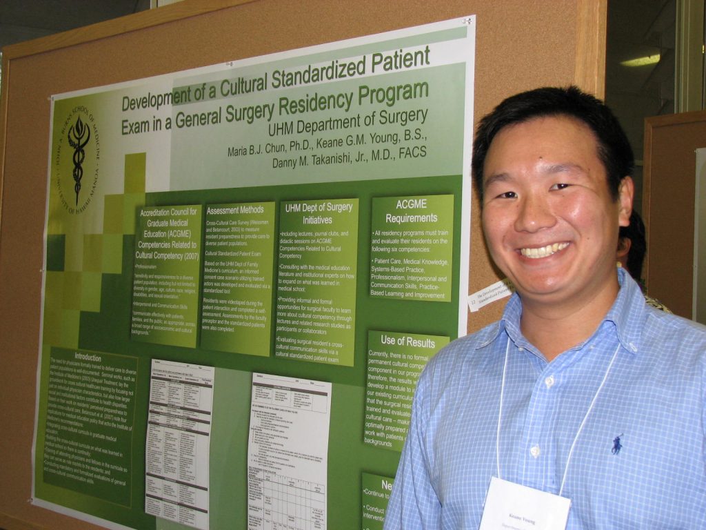 Due to the growing diversity of the United States population, various legal mandates and accrediting bodies require doctors to receive training that will allow them to provide optimal care to patients regardless of their cultural backgrounds. More prevalent in medical specialties such as family medicine and psychiatry, the inclusion of cultural competency or cross-cultural care issues in surgery is an emerging area of recognized need. A nationwide survey on residents’ perceptions of their preparedness to provide cross-cultural care revealed that surgical residents view cultural knowledge as important, but were hampered in acquiring these skills due to a lack of time and absence of formal training. The Accreditation Council for Graduate Medical Education requires residency programs to incorporate cultural training into their curricula. Of the six competencies, cultural competency is addressed under both Professionalism and Interpersonal and Communication Skills. With the assistance of the UH Department of Family Medicine and Community Health, the UH Department of Surgery’s general surgery residency program has developed and is currently piloting a cultural standardized patient exam as a means to both train and evaluate its residents. The case scenario involves a surgeon attempting to obtain informed consent from an elderly Samoan male who needs to have his leg amputated or face certain death. All Program Year-1 (PGY-1) residents (n=13) participated in the exam and were evaluated by one of four faculty preceptors using a standardized tool. Using this as the baseline, an educational training intervention is being planned, which will be followed by a post-test.