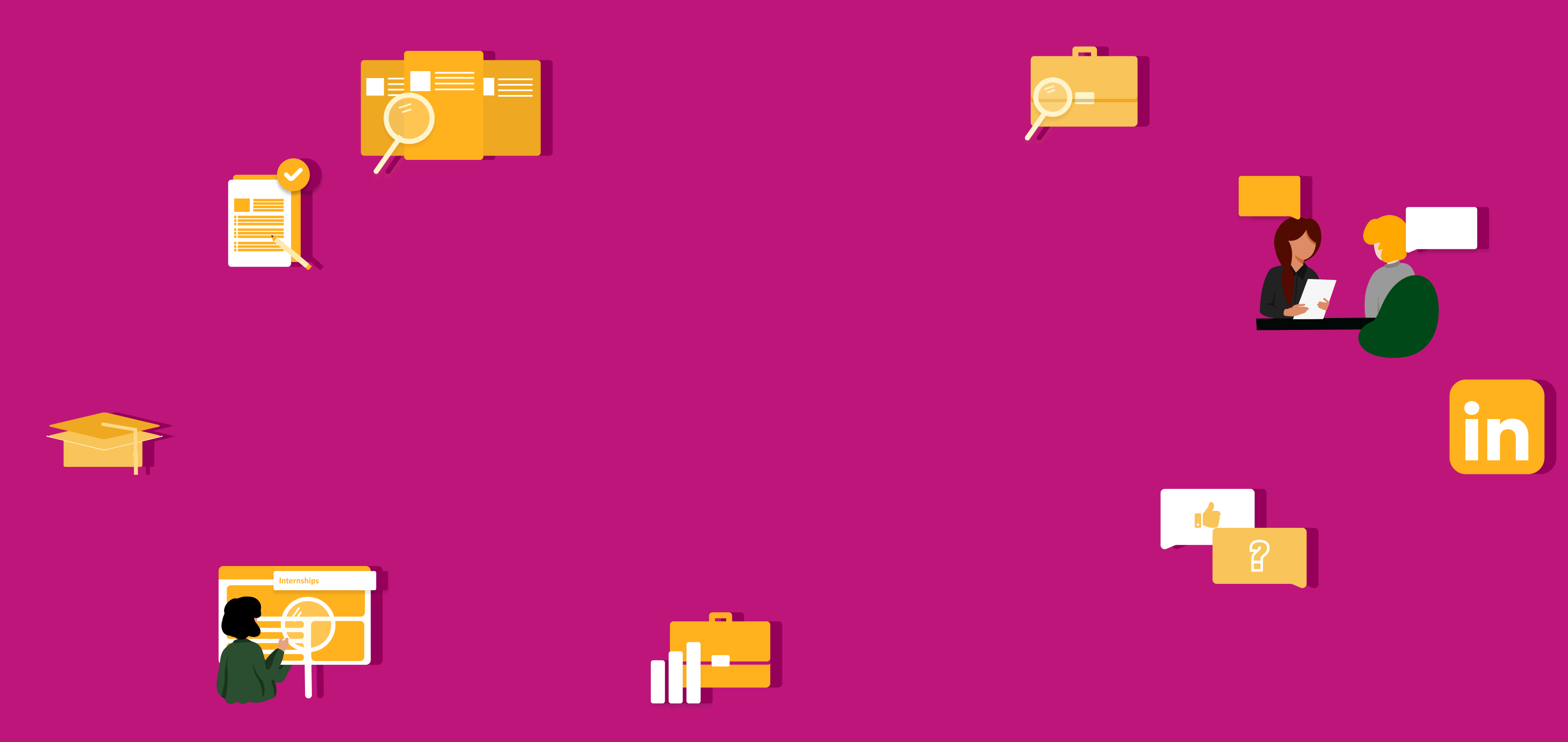 Career search icons of briefcase, graduation cap, and sparkling resume