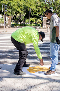 Commuter Services workers stenciling "Look All Ways" symbol on the sidewalk by the Dole Street crosswalk