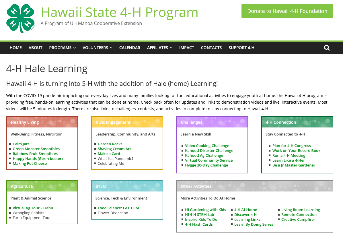 Screenshot of the 4-H Hale Learning web page.