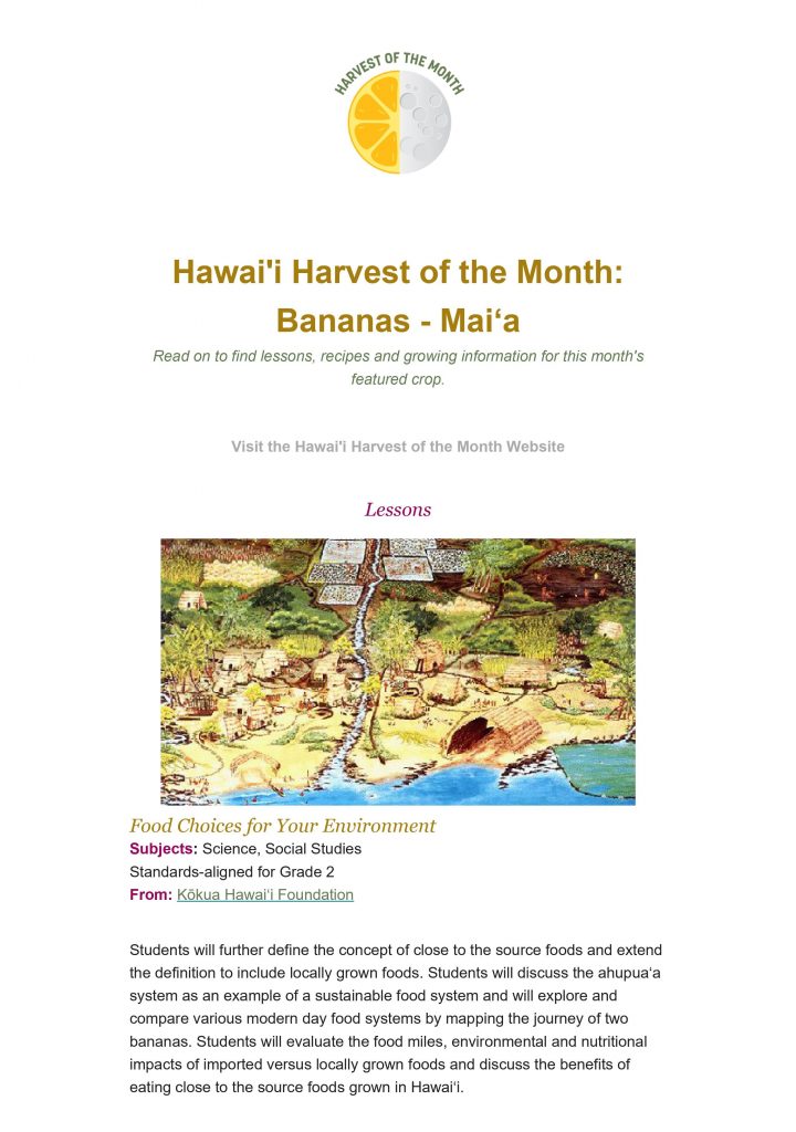 Preview of the Banana Harvest of the Month Newsletter