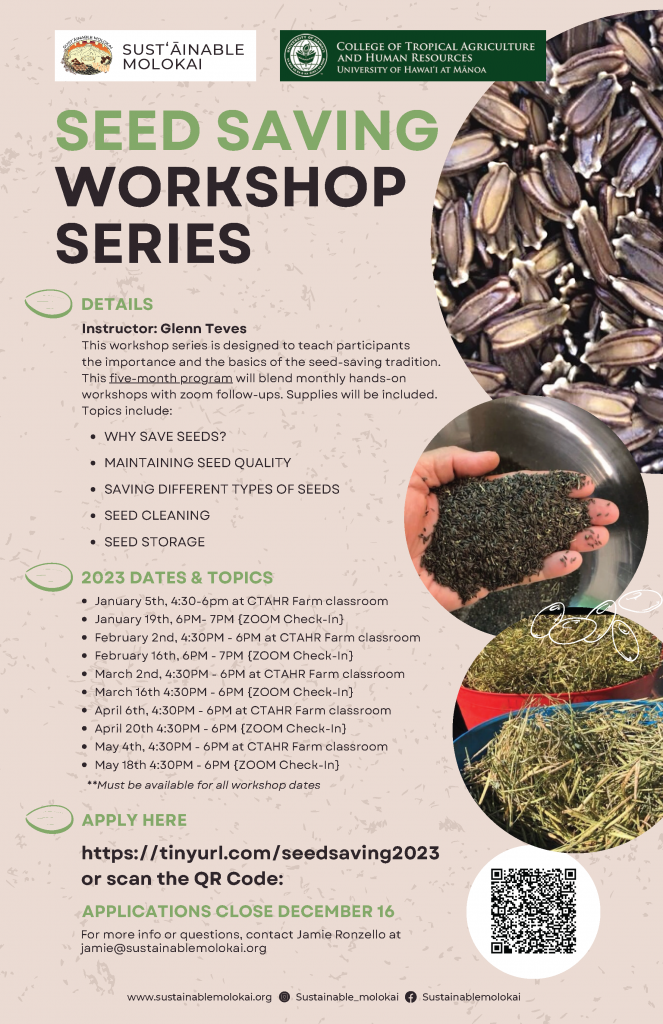 Seed Saving Workshop flyer for Molokai 2023 Dates
