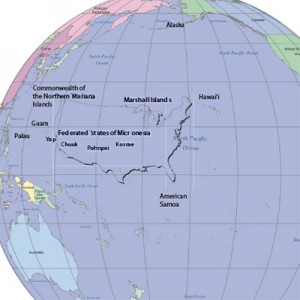 Map of the Paciﬁ c Region indicating locations of Hawai‘i, the U.S. Afﬁ liated Paciﬁ c Islands (American Samoa, Commonwealth of the Northern Mariana Islands, Federated States of Micronesia, Guam, Republic of the Marshall Islands, and the Republic of Palau), Alaska, and the contiguous U.S. The overlay of the contiguous U.S., set between Hawai‘i and Guam, indicates that the width of the contiguous U.S. at its widest point, is just 400 miles short of the distance between these two Paciﬁ c islands. 