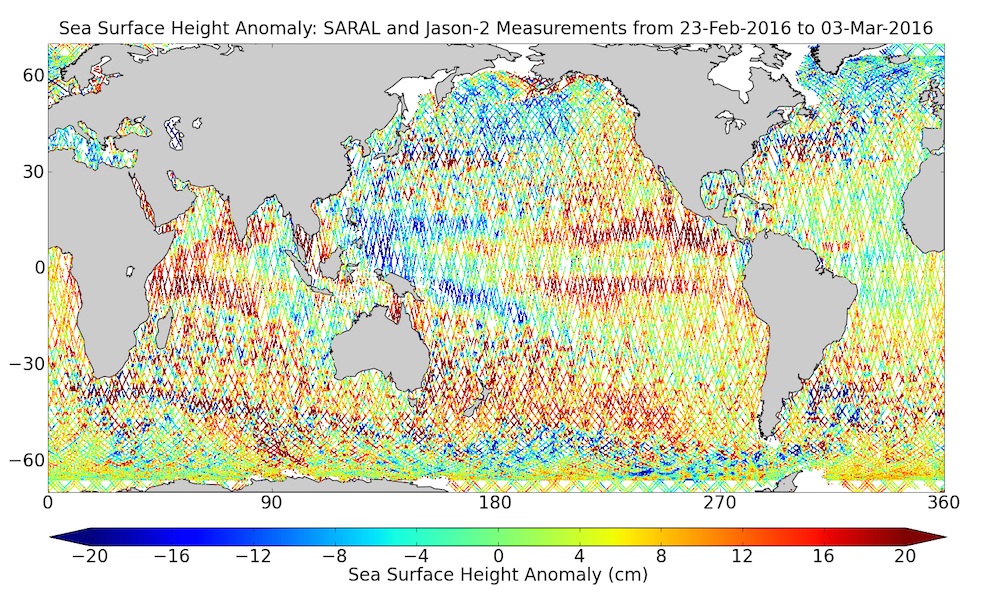 <p><strong>Fig. 3.20.</strong> Differences in sea level height across the world ocean can be measured using NASA satellites. The red colors are areas of higher sea level, the dark blue areas indicate the lowest sea level height.</p>