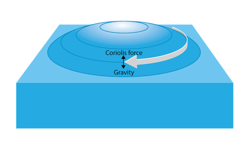 <p><strong>Fig. 3.22.</strong> Coriolis forces, the rotational velocity of Earth, and gravity are responsible for generating geostrophic flow.</p>