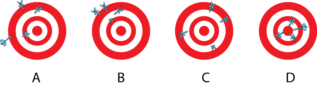 <p><strong>SF Fig. 1.5.</strong> Dartboards showing different accuracy and precision scenarios.</p><br />
