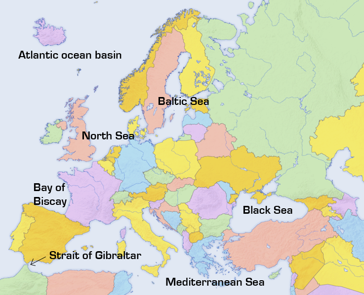 <p><strong>Fig. 2.20.</strong> Some of the seas around Europe and Africa. The narrow Strait of Gibraltar connects the Mediterranean to the Atlantic ocean basin.</p>
