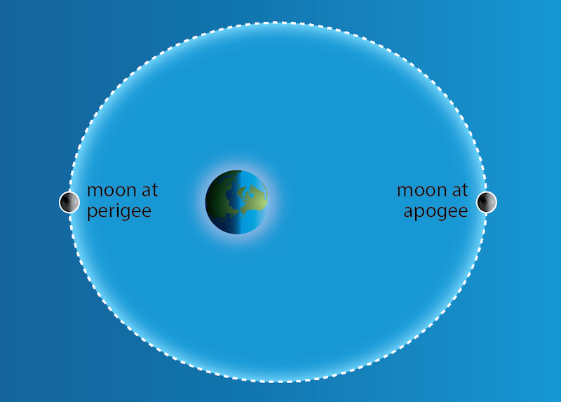 <p><strong>Fig. 6.12.</strong> The elliptical orbit of the moon around the earth. At perigee the moon is closest to the earth, at apogee the moon is furthest from the earth. The distance between the earth and moon is not to scale and the moon’s orbit has been greatly exaggerated.</p>