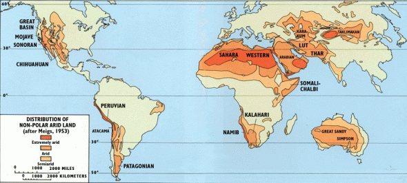 <p><strong>Fig. 3.12.</strong> This map shows the distribution of the earth’s deserts. Darker shading indicates drier conditions.</p><br />
