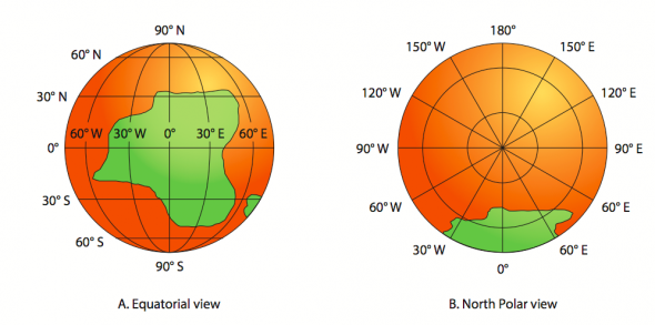 <p><strong>Fig. 1.23.</strong> Orthographic-projection maps (<strong>A</strong>) Equatorial view (<strong>B</strong>) North polar view</p><br />
