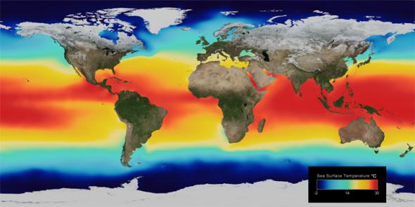 <p><strong>Fig. 2.8. </strong>Average global sea surface temperatures. Reds and yellows indicate warmer temperatures; blues and purples represent colder temperatures. The scale is in units of degrees Celsius.</p>
