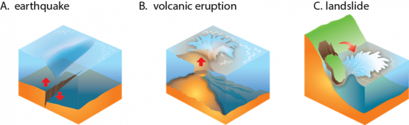 <p><strong>Fig. 5.30.</strong> Tsunamis are caused by large displacements of water in the ocean.</p><br />
