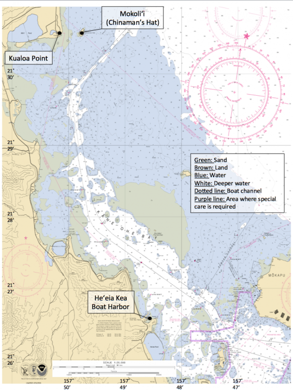 <p><strong>Fig. 8.31.</strong> Nautical chart of Kāne‘ohe Bay, O‘ahu, that shows Mokoli‘i, Kualoa Point, and He‘eia Kea Boat Harbor, as well as the major boat channel, nautical features, and islands within the bay.</p><br />
