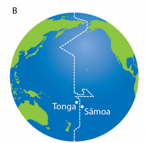<p><strong>Fig. 1.15</strong> (<strong>B</strong>) Tonga and Sāmoa lie on opposite sides of the international date line.</p>
