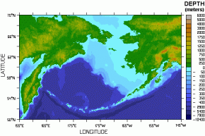 <p><strong>SF Fig. 2.10.</strong> This topographical map of the Bering Strait shows it is very shallow compared to the Pacific ocean basin. The shallow shelf of the strait prevents cool dense seawater from sinking into the Pacific ocean basin.</p>
